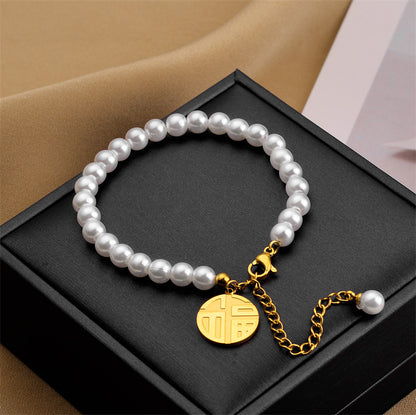 Zircon Pearl Titanium Steel Bracelet